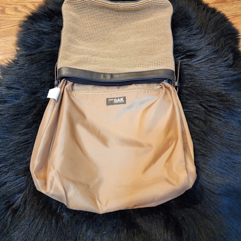 The Sak Elliott Lucca Shoulder Bag Brown Crochet Women's Purse Leather Trimmed - Picture 13 of 14